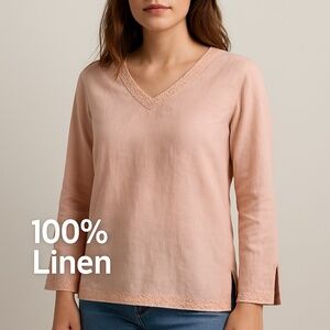 CARLIE’S COURT Petal Pink 100% Linen Beaded V-Neck Blouse Y2K Medium